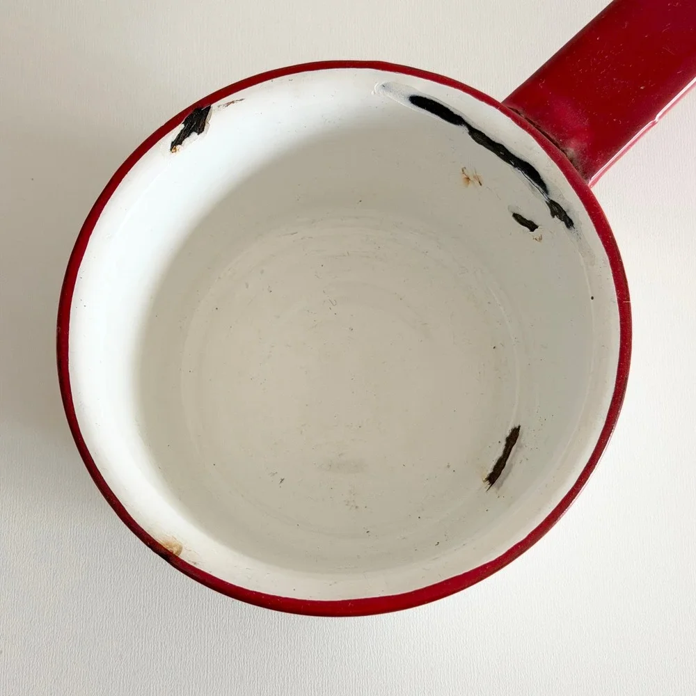 Vintage Mid-Century Enamelware Sauce Pot Red/White 5